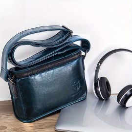 Men's Full-Grain Cowhide Leather Crossbody Bag - Adjustable Strap, Golden-Tone Hardware & Snap Closure, iPad & Phone Compartment - Retro Casual & Business Multifunctional Small Square Shoulder Bag (Black, Durable Everyday Carry)