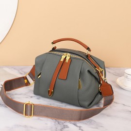 Stylish Genuine Leather Boston Pillow Bag for Women - Versatile Crossbody & Shoulder Handbag with Golden-Toned Hardware, Black/Brown/White/Cream/Dark Blue Options, Perfect for Everyday Use, Secure Travel Purse | Chic Leather Bag | Strap Detailing